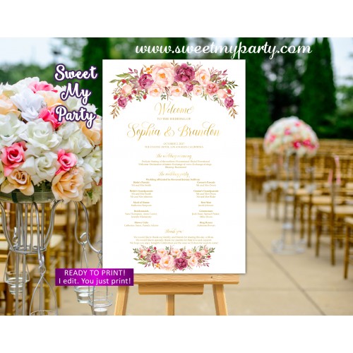 Blush Wedding Program Sign,Gold Wedding Welcome sign with program,(31kw)